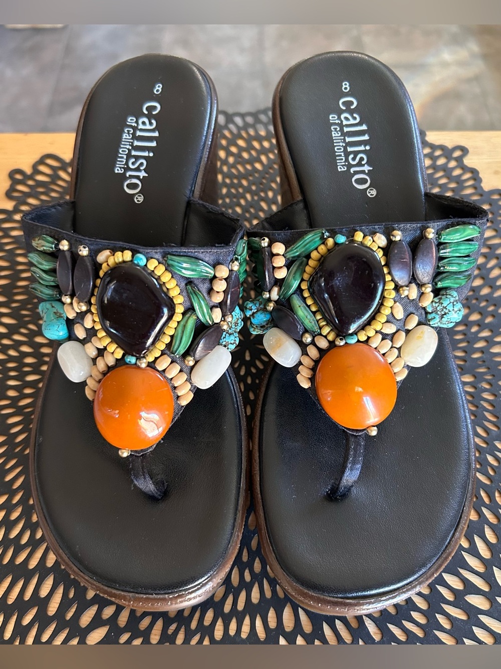 Callisto of California Platform Wedge Sandals w/Multicolored Stone Size 8